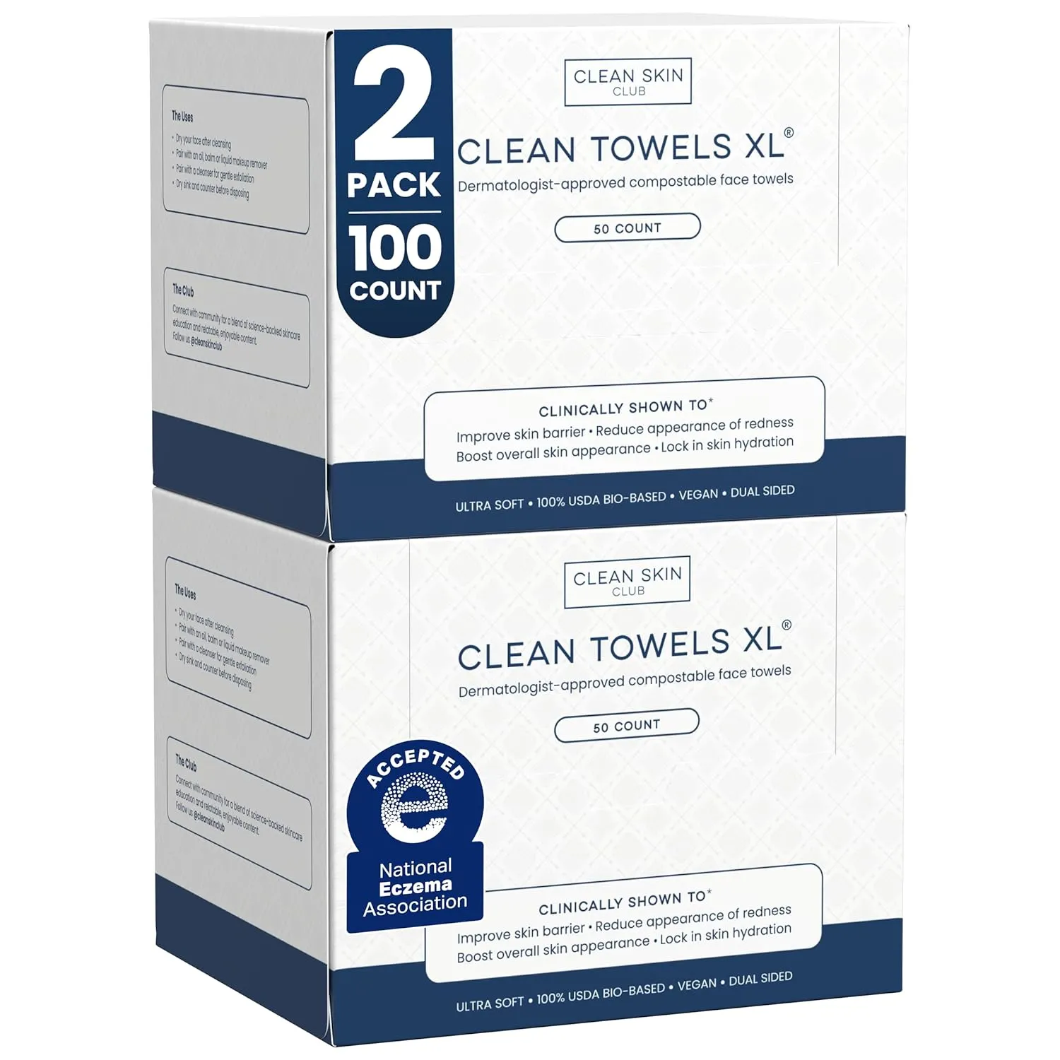 Clean Skin Club Clean Towels XL two pack 100 count packaging